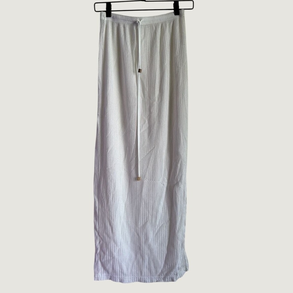 White Crochet Knit Maxi Skirt Chevron Pointelle Boho Drawstring S